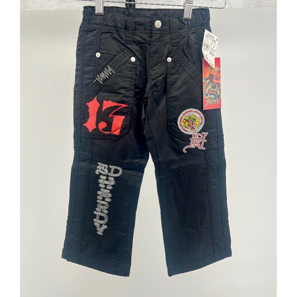 Y2K Ed Hardy Boys Cargo Pants Black Size‎ 6 Embroidered Patches Pockets NWT